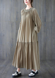 Natural Khaki Wrinkled Drawstring Chiffon Long Dress Long Sleeve