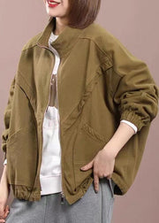 Natural Khaki Zip Up Pockets Patchwork Cotton Coat Fall