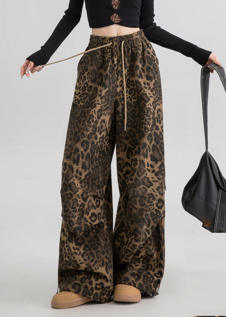 Natural Leopard Pockets Print Drawstring Straight Pants Spring