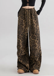 Natural Leopard Pockets Print Drawstring Straight Pants Spring