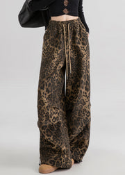 Natural Leopard Pockets Print Drawstring Straight Pants Spring