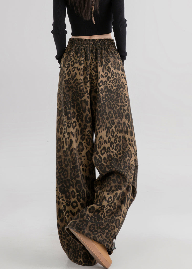 Natural Leopard Pockets Print Drawstring Straight Pants Spring