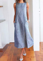 Natural Light Blue O Neck Striped Cotton Long Dresses Sleeveless