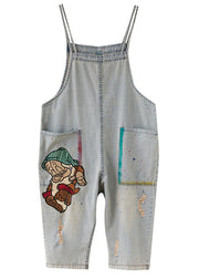 Natural Light Blue Pockets Patchwork Cotton Overalls Jumpsuit Summer