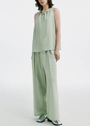 Natural Light Green O-Neck Drawstring Silk T Shirts And Wide Leg Pants Two Pieces Set Summer