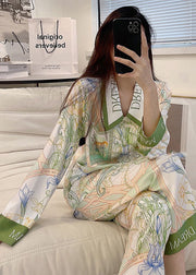 Natural Light Green Peter Pan Collar Print Ice Silk Pajamas Two Pieces Set Spring