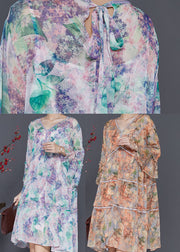 Natural Light Purple V Neck Print Chiffon Dresses Summer
