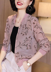 Natural Light Purple Zippered Print Chiffon Coats Summer