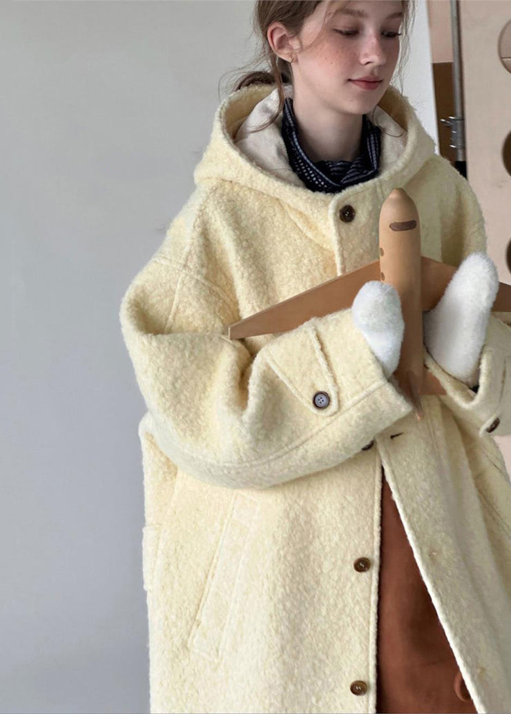 Natural Light Yellow Button Woolen Hoodie Coat Spring