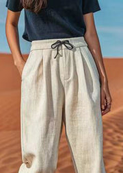 Natural Linen Patchwork Elastic Waist Crop Harem Pants