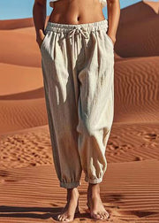 Natural Linen Pockets Patchwork Elastic Waist Crop Pants