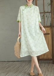 Natural Mint Green Peter Pan Collar Print Linen Dress Half Sleeve