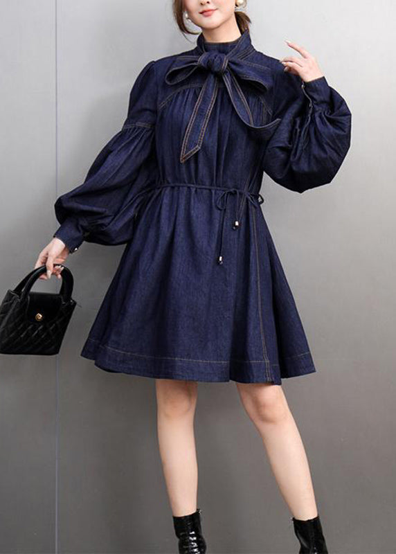 Natural Navy Bow Patchwork Denim Mid Dress Lantern Sleeve