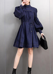 Natural Navy Bow Patchwork Denim Mid Dress Lantern Sleeve