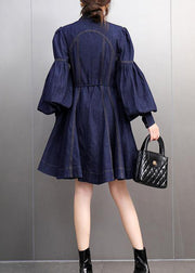 Natural Navy Bow Patchwork Denim Mid Dress Lantern Sleeve