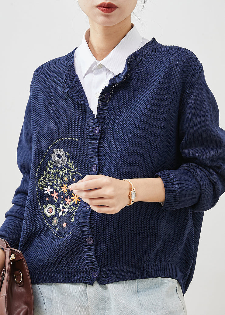 Natural Navy Embroidered Knit Loose Coat Spring