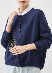 Natural Navy Embroidered Knit Loose Coat Spring