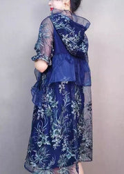 Natural Navy Hooded Ruffled Embroideried Patchwork Tulle Mid Dress Summer