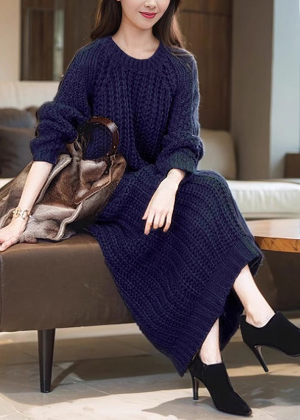 Natural Navy O-Neck Patchwork Cozy Cotton Knit Long Dress Winter