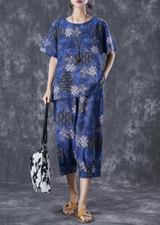 Natural Navy Oversized Print Linen Two Pieces Set Summer