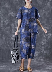 Natural Navy Oversized Print Linen Two Pieces Set Summer