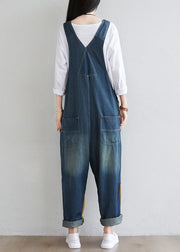 Natural Navy Patchwork Tasseled Denim Jumpsuit Spring