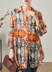 Natural Orange Print Side Open Chiffon Top Summer