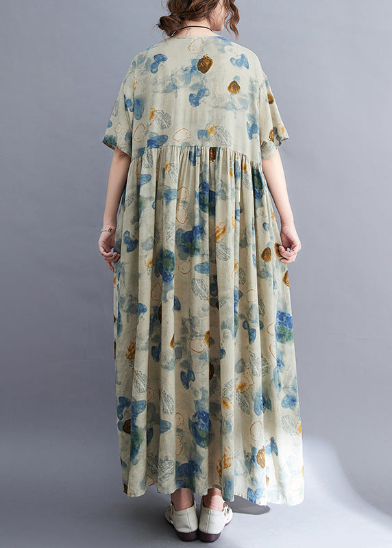 Natural O-Neck Print Wrinkled Long Dress Summer