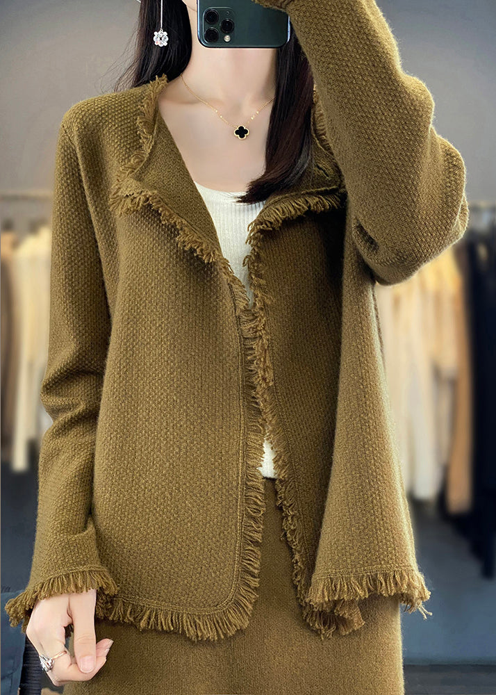 Natural Olive Green O-Neck Patchwork Knit Wool Coats Long Sleeve