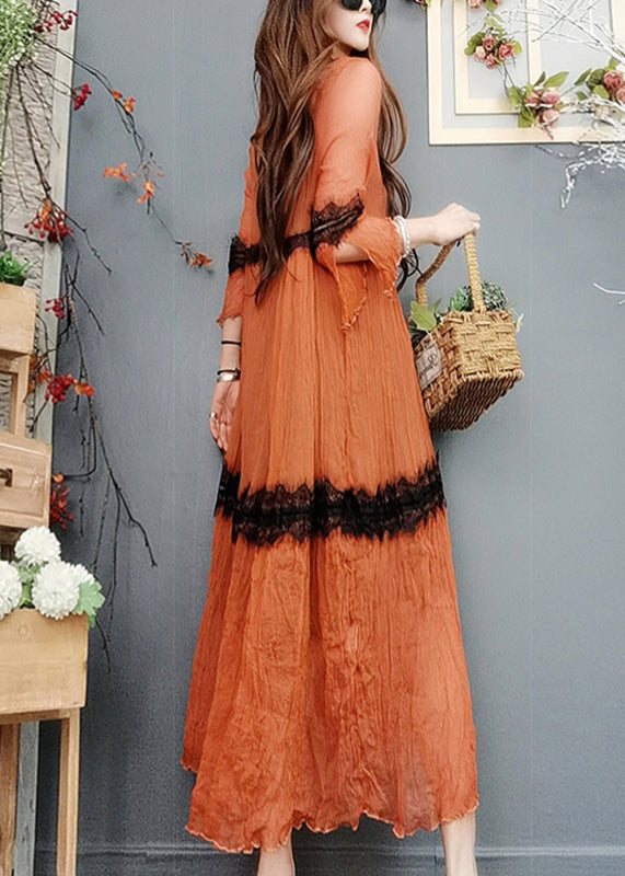 Natural Orange O-Neck Lace Patchwork Silk Maxi Dress Flare Sleeve