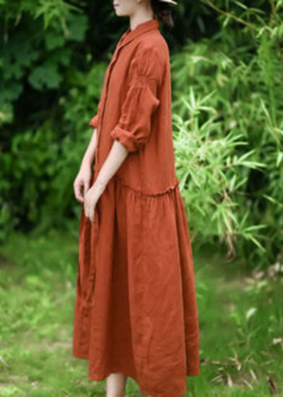 Natural Orange Peter Pan Collar Patchwork Linen Maxi Dresses Spring