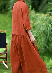 Natural Orange Peter Pan Collar Patchwork Linen Maxi Dresses Spring