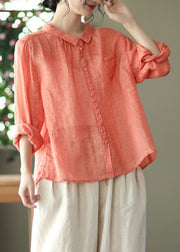 Natural Orange Peter Pan Collar Ramie Shirt Spring Long Sleeve