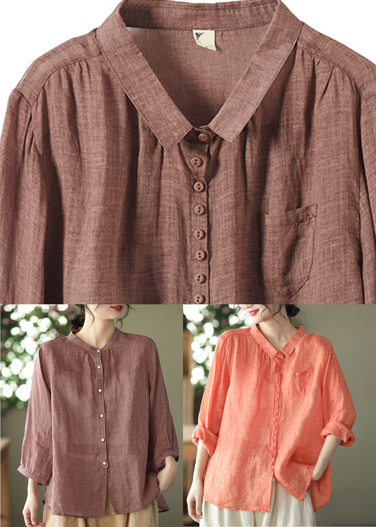 Natural Orange Peter Pan Collar Ramie Shirt Spring Long Sleeve