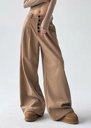 Natural Orange Pockets Patchwork High Waist Corduroy Wide Leg Pants Spring