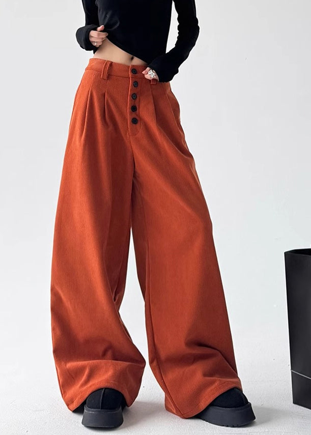 Natural Orange Pockets Patchwork High Waist Corduroy Wide Leg Pants Spring