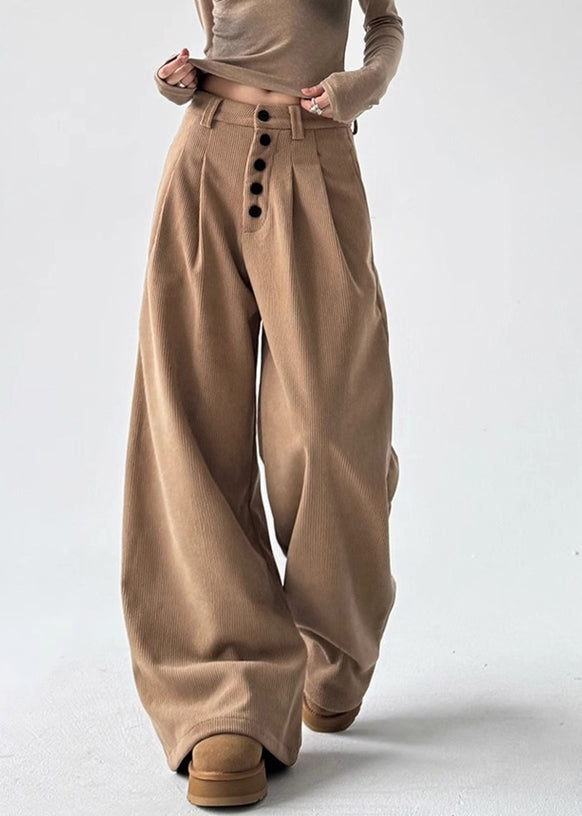 Natural Orange Pockets Patchwork High Waist Corduroy Wide Leg Pants Spring