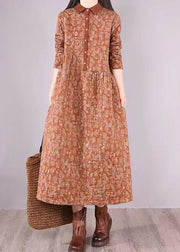 Natural Orange Print Patchwork Fine Cotton Filled Dresses Winter