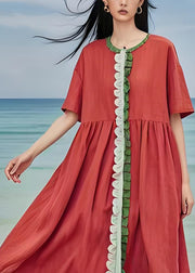 Natural Orange Ruffled Patchwork Loose Cotton Dresses Summer