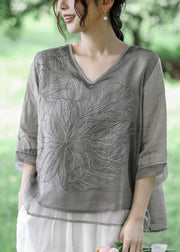 Natural Orange V Neck Embroidered Patchwork Linen T Shirt Half Sleeve