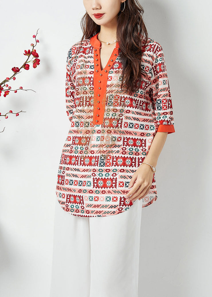 Natural Orange V Neck Print Shirt Top Summer