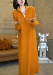 Natural Orange Zip Up Long Knit Knitwear Dress Winter