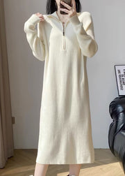 Natural Orange Zip Up Long Knit Knitwear Dress Winter