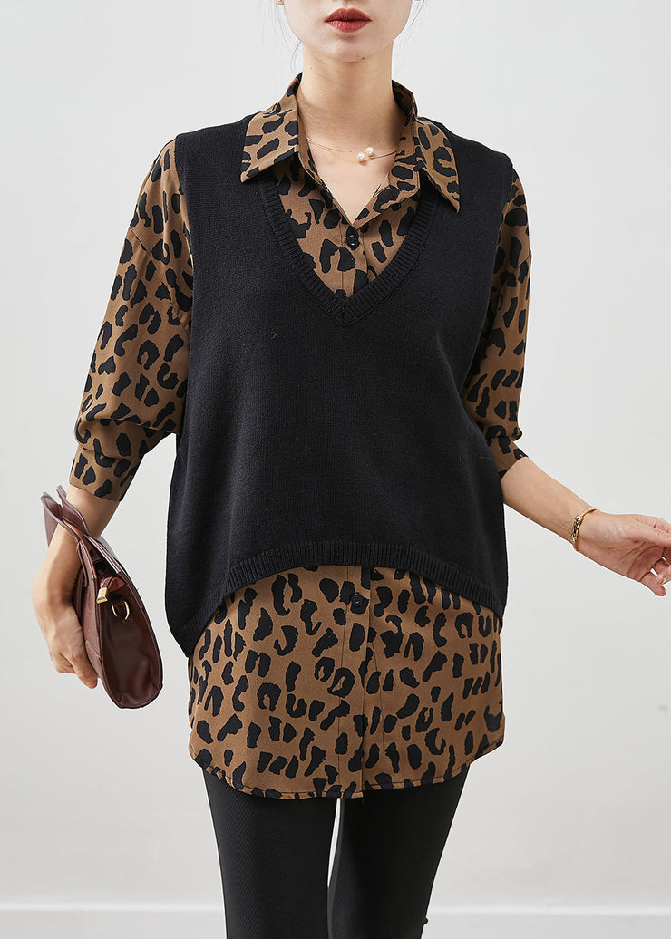 Natural Oversized Leopard Print Knit Vest And Shirt Two Pieces Set Winter