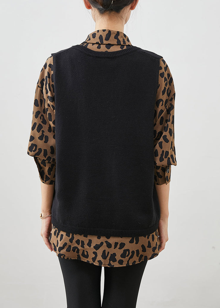 Natural Oversized Leopard Print Knit Vest And Shirt Two Pieces Set Winter