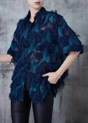 Natural Peacock Blue Tasseled Chiffon Shirt Tops Summer