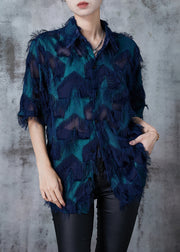 Natural Peacock Blue Tasseled Chiffon Shirt Tops Summer