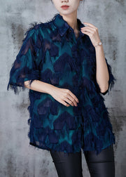 Natural Peacock Blue Tasseled Chiffon Shirt Tops Summer