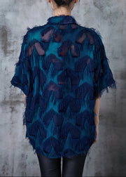 Natural Peacock Blue Tasseled Chiffon Shirt Tops Summer