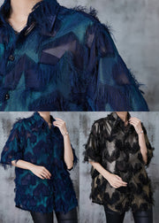 Natural Peacock Blue Tasseled Chiffon Shirt Tops Summer